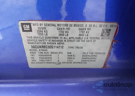 2014 Chevrolet Silverado 1500 2Lt из США, поврежденный, VIN 3GCUKREC3EG114712